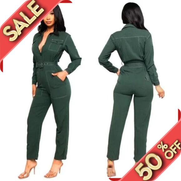 NWT Hunter Green Long Sleeve Button Jumpsuit with Waist Belt and Pockets - Picture 1 of 6